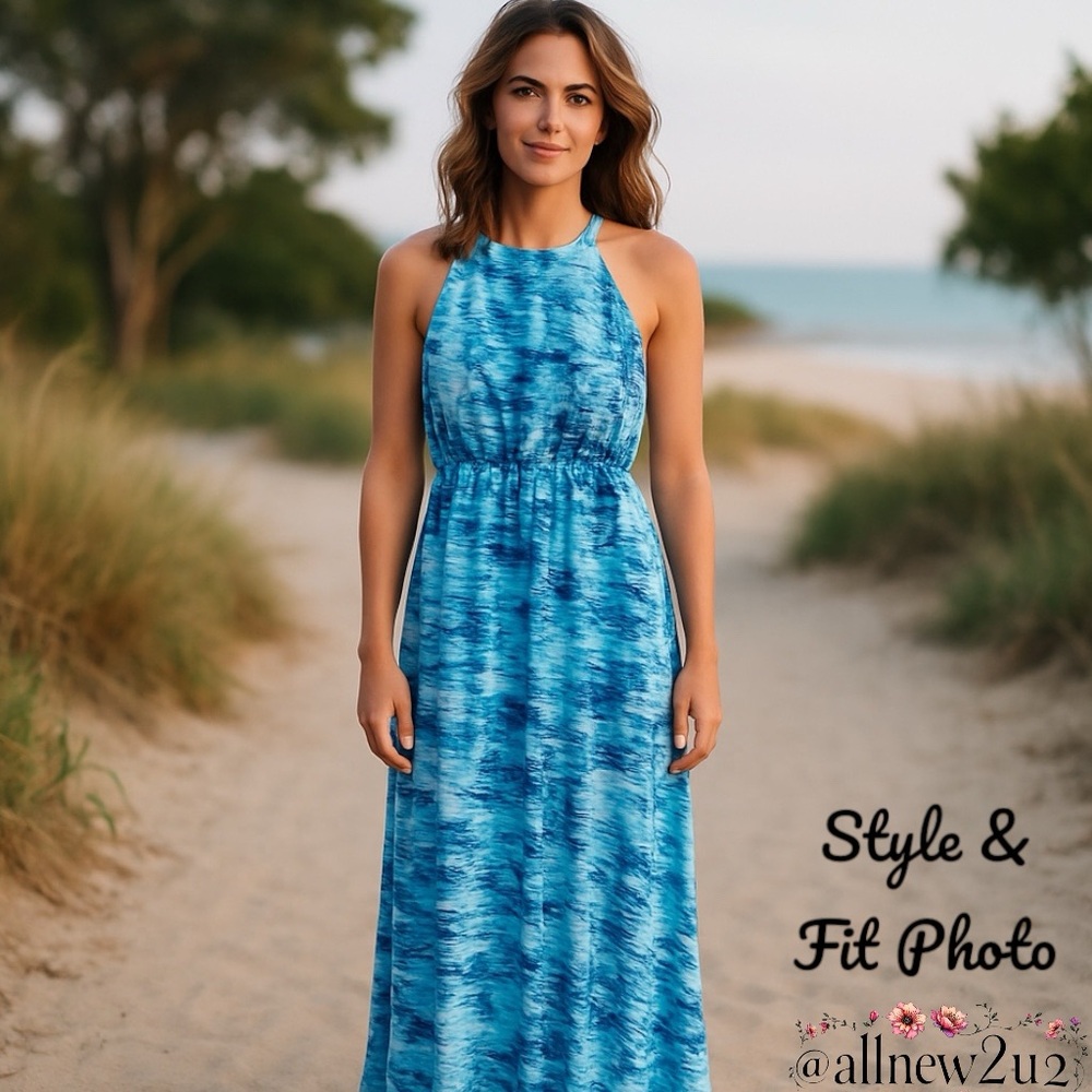 Daisy Fuentes Mirage Blue Abstract Print Design Maxi Dress Size L Sundress